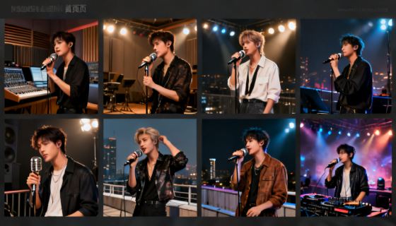高端音乐宣传海报风，不同歌手与不同舞台场景，录音棚、演唱会灯光、城市天台、复古麦克风、电音舞台，潮流但不过度夸张，人物真实自然，氛围感强，灯光层次丰富，构图干净利落，时尚杂志与专辑封面结合的高级视觉，适合首页作品展示，无文字，无水印，无logo