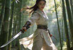 一位身着素色劲装的侠女，手持剑，立于竹林间，发丝微扬，神态灵动，是武侠片场的拍摄场景，画面写实自然，光影柔和，整体氛围灵动飘逸。